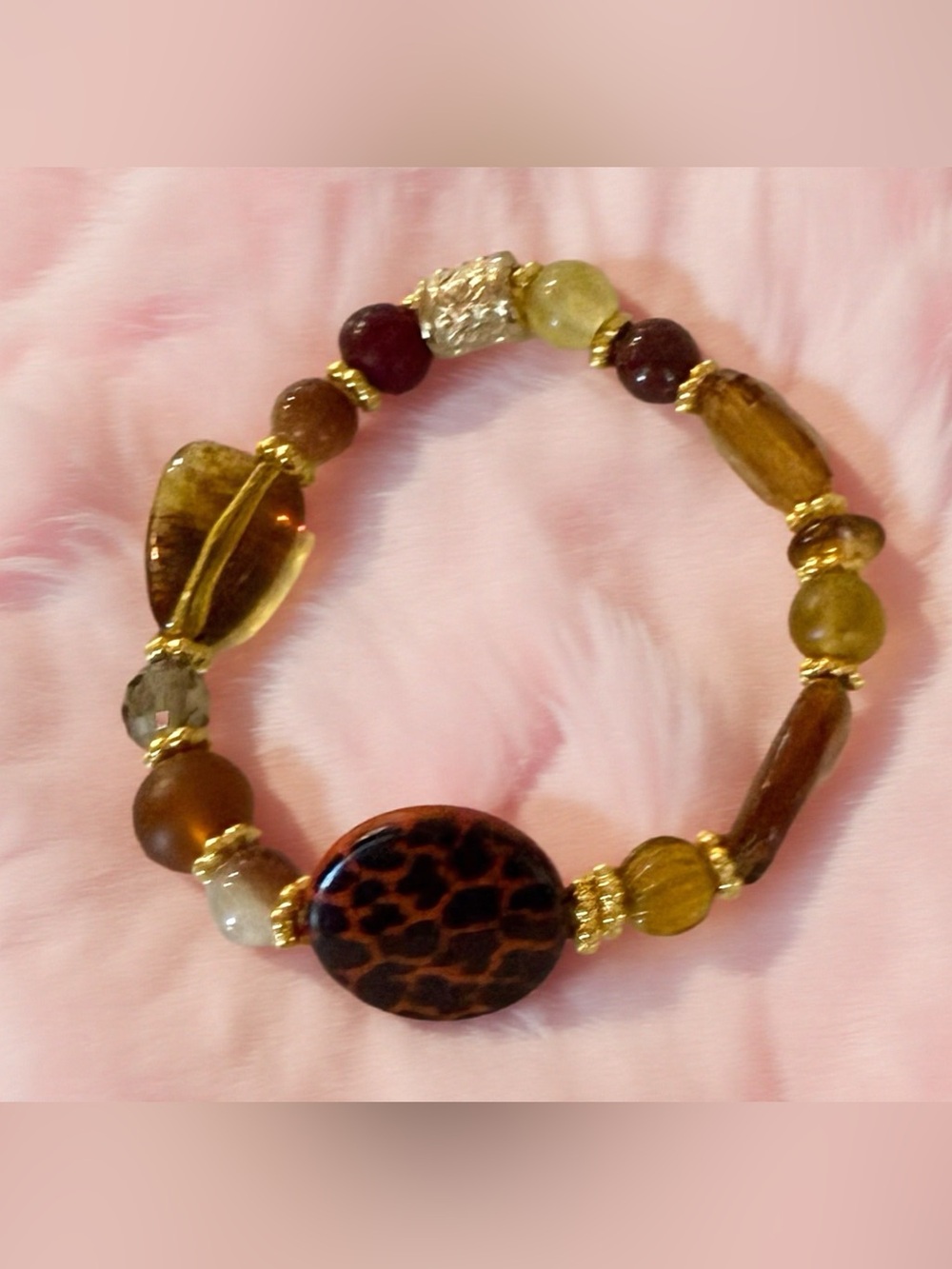 Hand Crafted Amber, Brown & Gold Beaded Bracelet